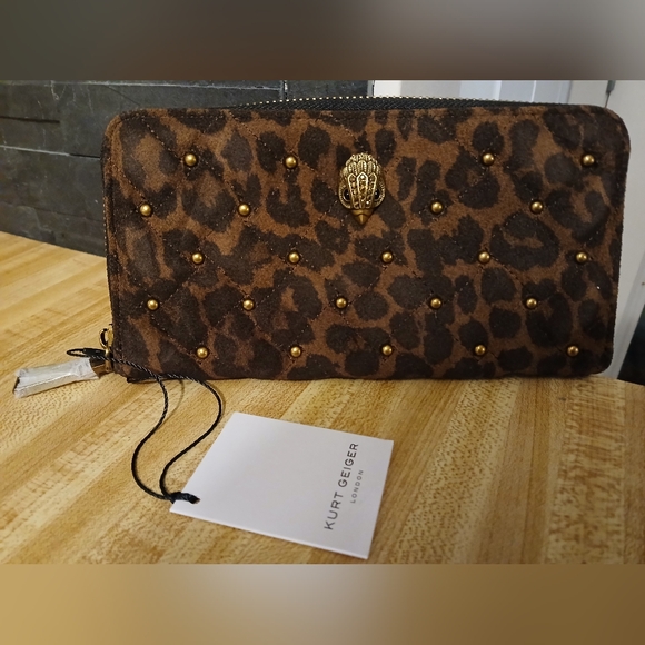 Kurt Geiger NWT Leopard Studded Quilted Suede Long Zip Wallet & Box - Picture 4 of 9